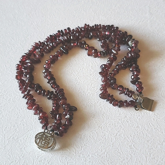 Triple Strand Garnet Stone Bracelet w/ Sterling Silver Asian Clasp - Picture 3 of 6